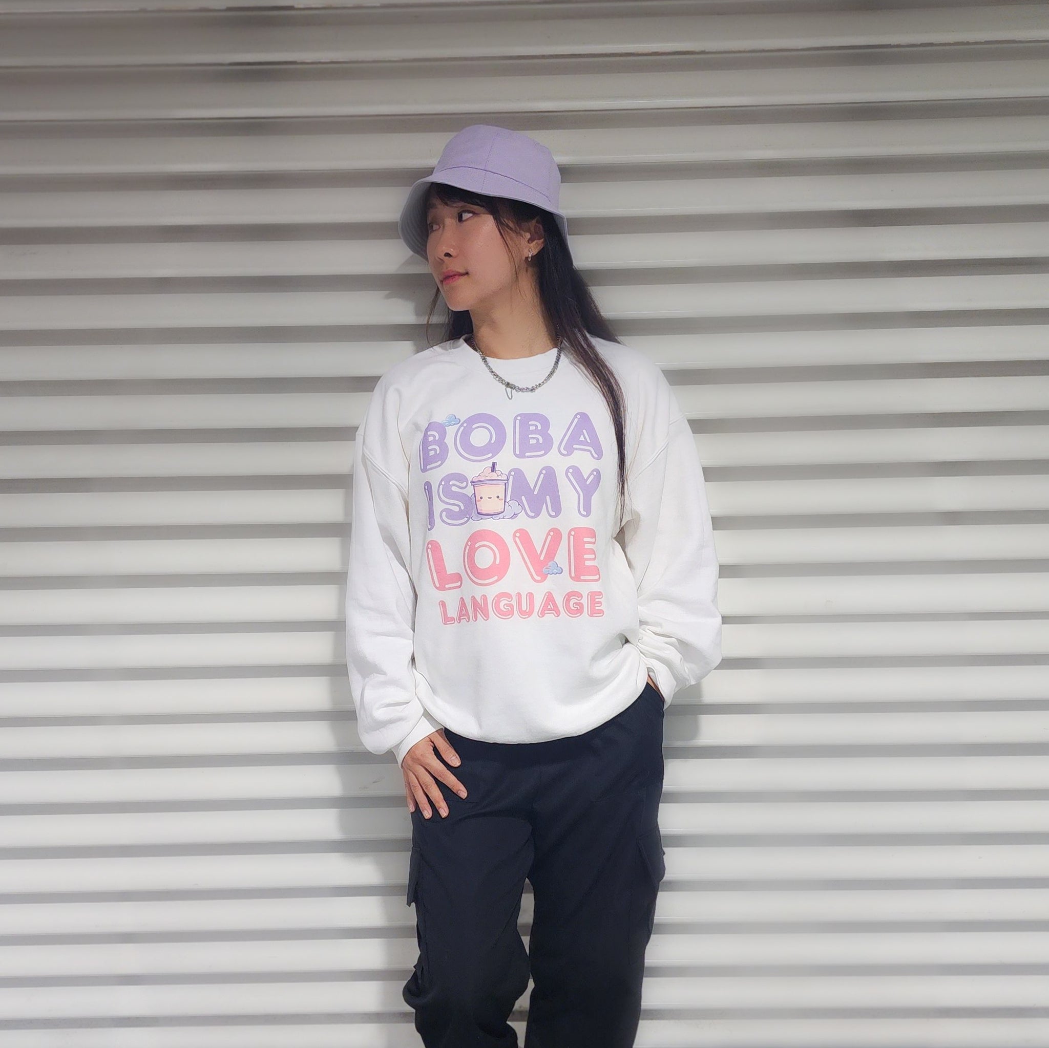 Boba Love Language Sweatshirt Lilac Words - White, Pink, Black
