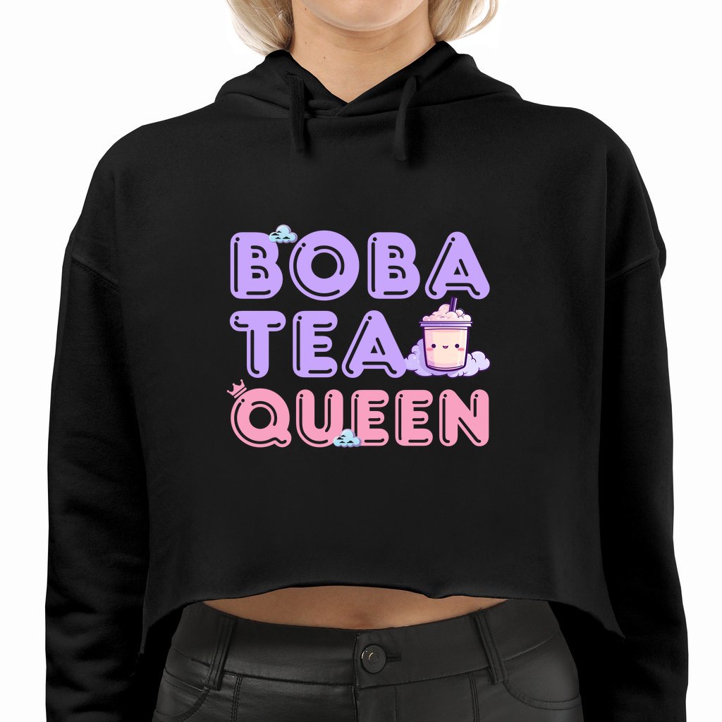 Boba Queen Cropped Hoodie Black Pale Pink White