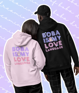 Boba Love Language Pullover Hoodie Lilac Words - White, Black, Pink